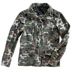 Love Tree Women's S Green Brown Camo Print Canvas Zip Up Utility Military Jacket